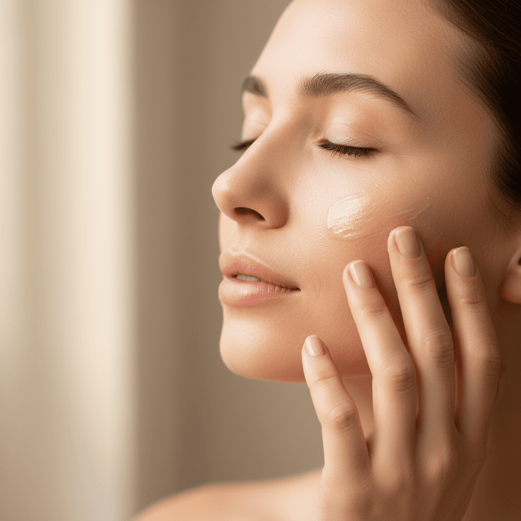 Woman's glowing complexion with gentle fingertip application of skincare cream, showcasing radiant skin texture in soft natural light