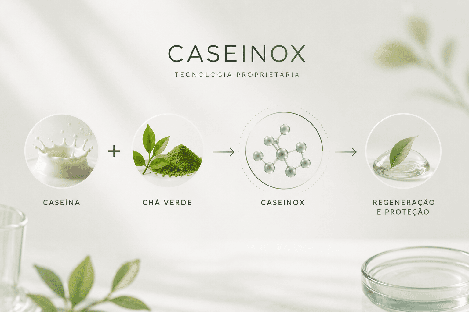 Infográfico da tecnologia Caseinox combinando caseína e chá verde para regeneração e proteção da pele.
